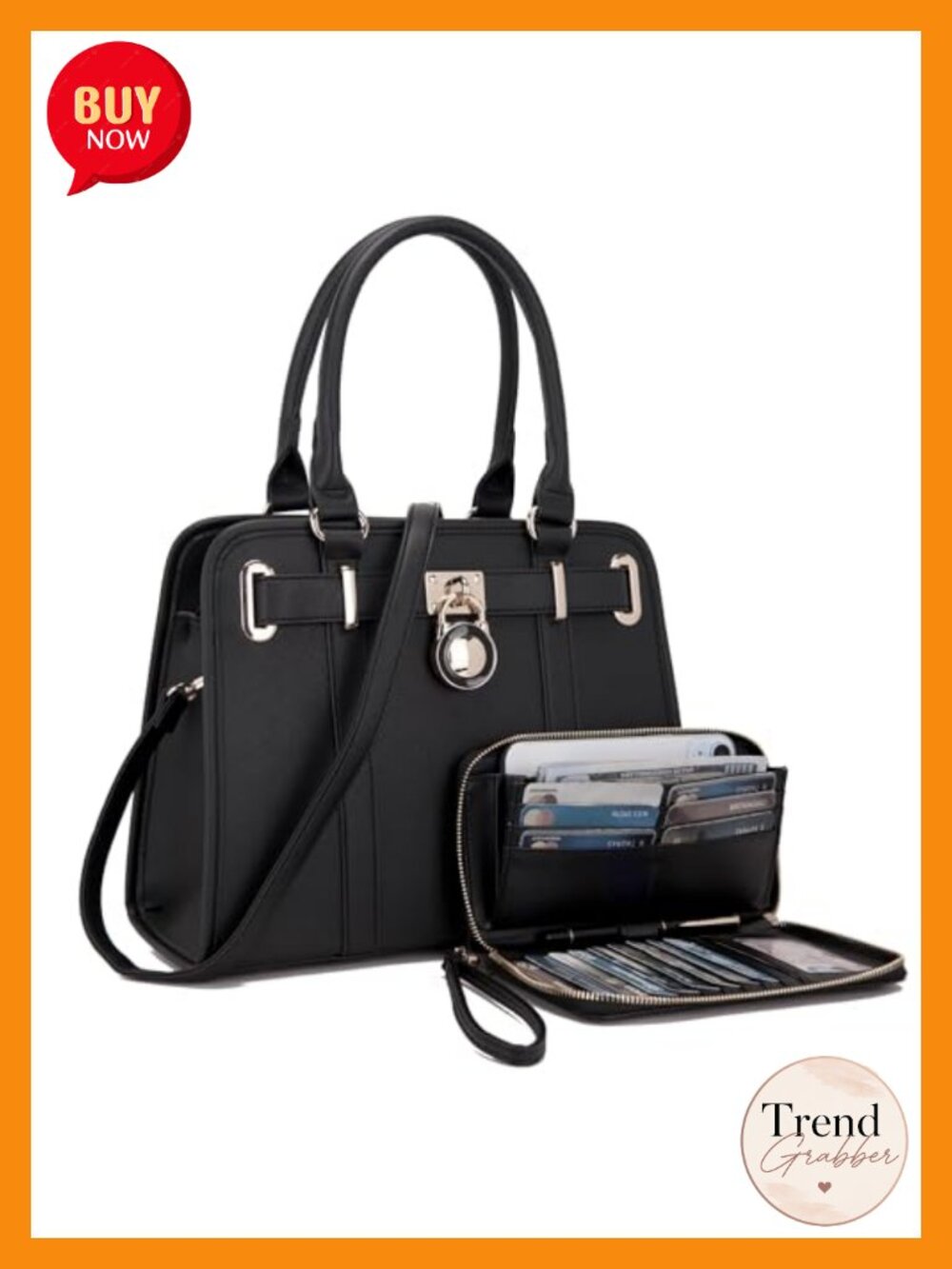 Structured Satchel Tote Handbag Set with RFID Wallet, Vegan PU Leather,